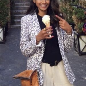 Rachel Zoe Animal Print‎ Linen Blazer Snow Leopard Print Jacket Size Medium